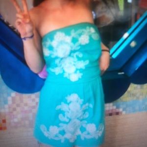 Teal billabong strapless floral dress m
